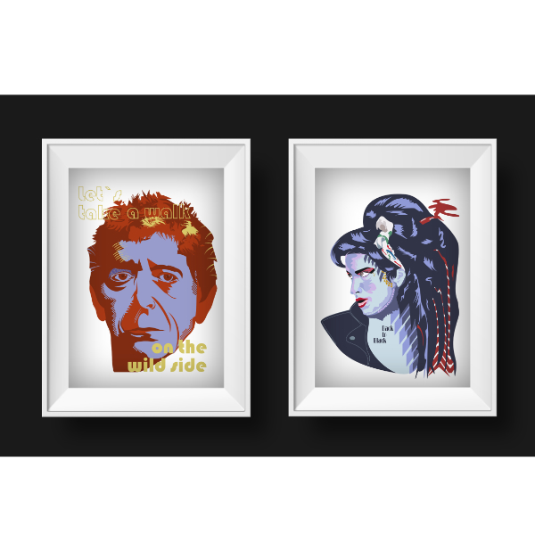 Amy Winehouse und Lou Reed in Pop-Art Style Illustration.